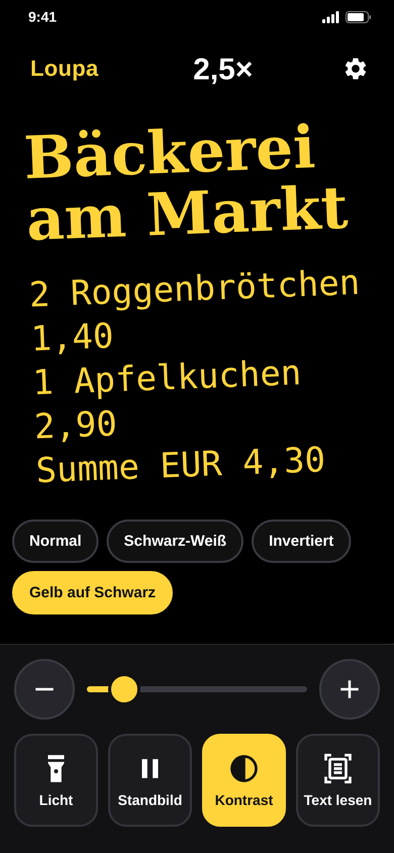 Kassenbon im Kontrastfilter Gelb auf Schwarz, Filterauswahl darüber