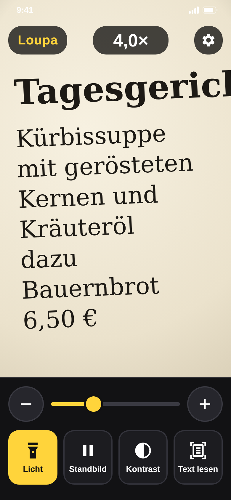 Lupe bei 4-facher Vergrößerung über einer Speisekarte, Licht eingeschaltet, darunter Zoom-Regler und die Knöpfe Licht, Standbild, Kontrast und Text lesen