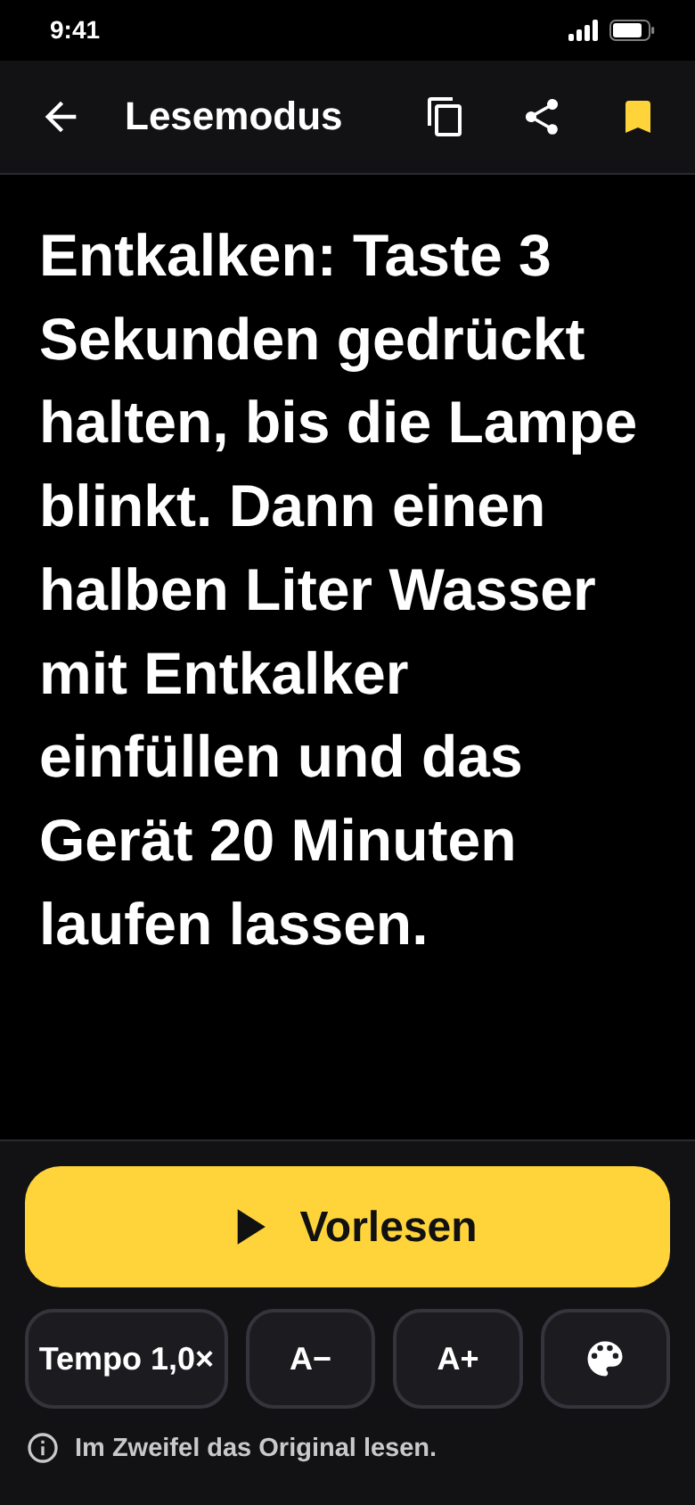 Lesemodus mit großem weißem Text auf Schwarz, gelber Knopf Vorlesen, Tempo und Schriftgröße
