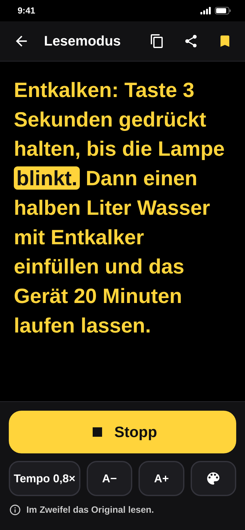 Lesemodus beim Vorlesen: das gerade gesprochene Wort ist gelb markiert